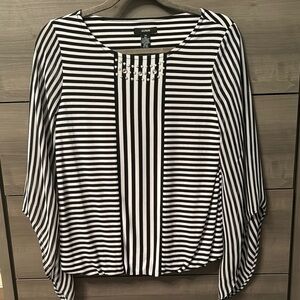 Black and White Alfani Relaxed Blouse with Dolman Sleeves and Bateau Neckline